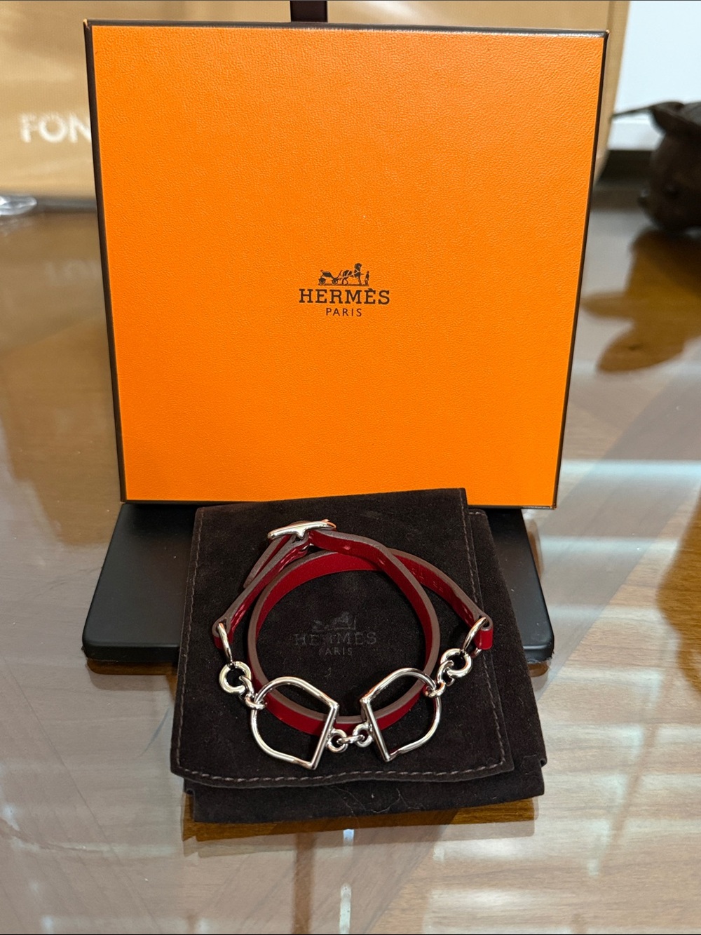 Hermes Red Double Tour Leather Bracelet with Silver Horsebit